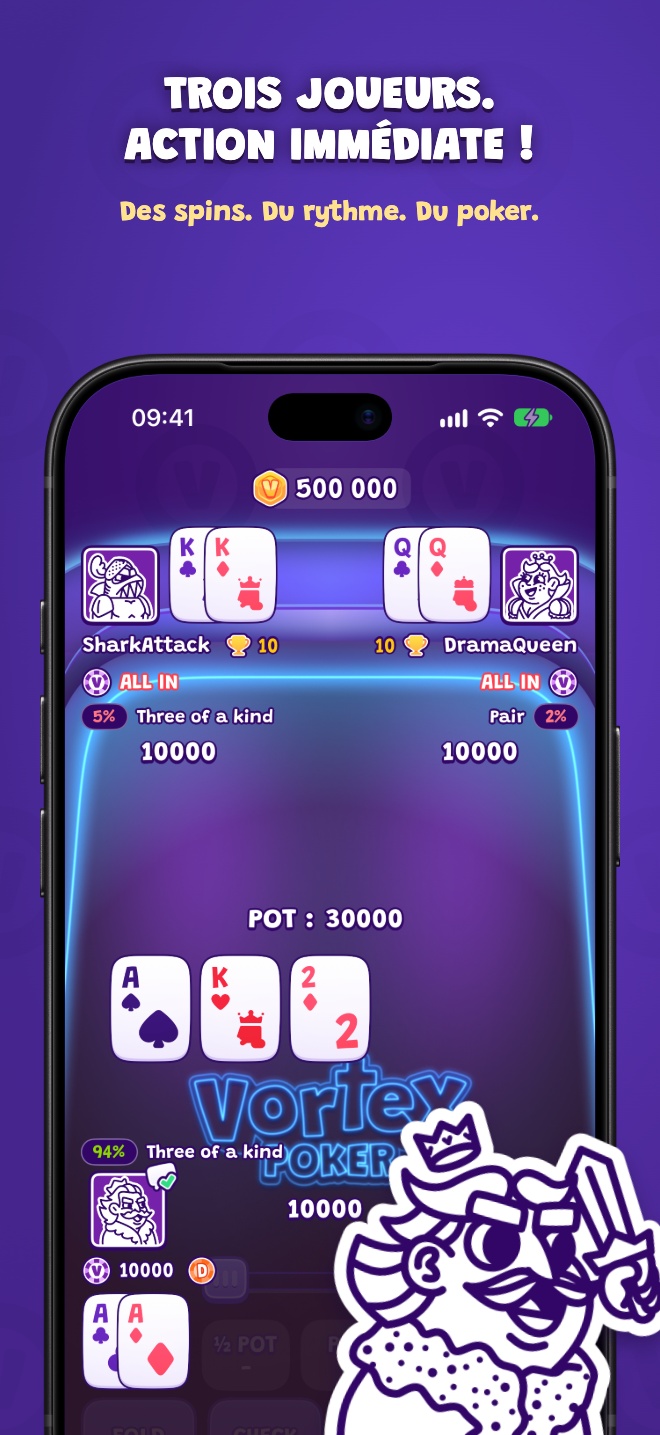 Trois joueurs. Action immédiate ! — Des spins. Du rythme. Du poker.
