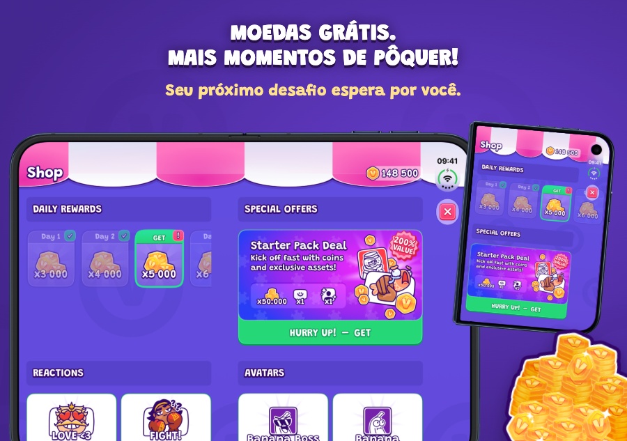 Moedas grátis. Mais momentos de pôquer! — Seu próximo desafio espera por você.